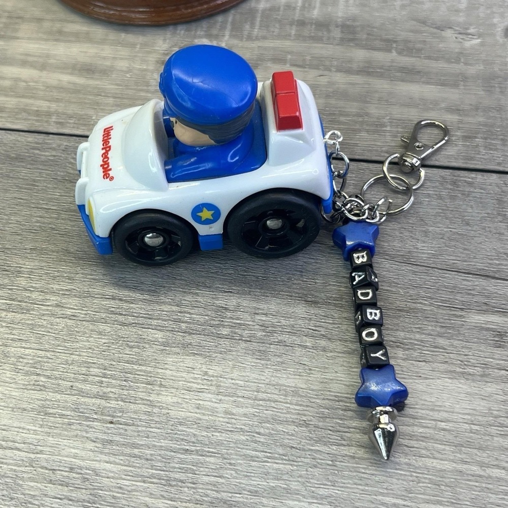 Little People Police OOAK Toy Bag Charm Keychain Handmade Ornament Vintage Car